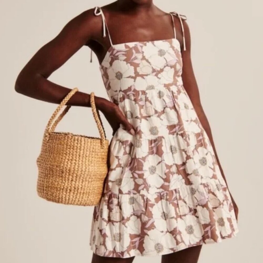 Abercrombie & Fitch - Tie-Strap Linen-Blend Mini Dress in Light Brown floral